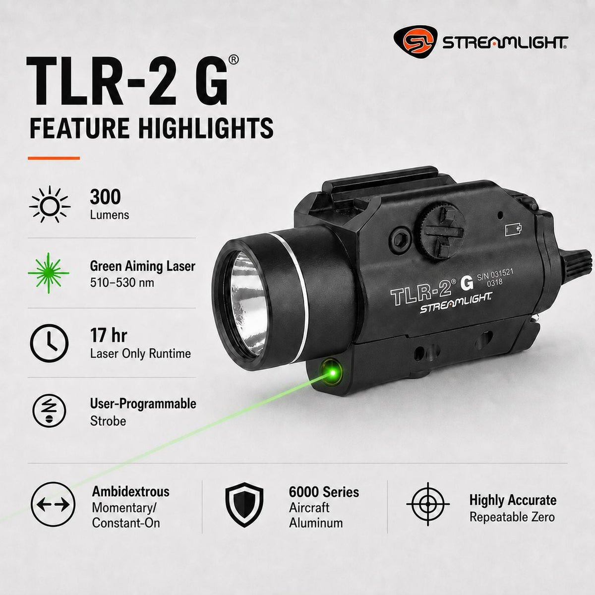 Streamlight TLR-2 G weapon light with green laser on a tool-free rail grip clamp