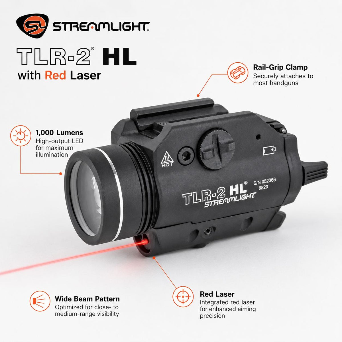 Streamlight TLR-2 HL weapon light with red laser running two CR123A cells