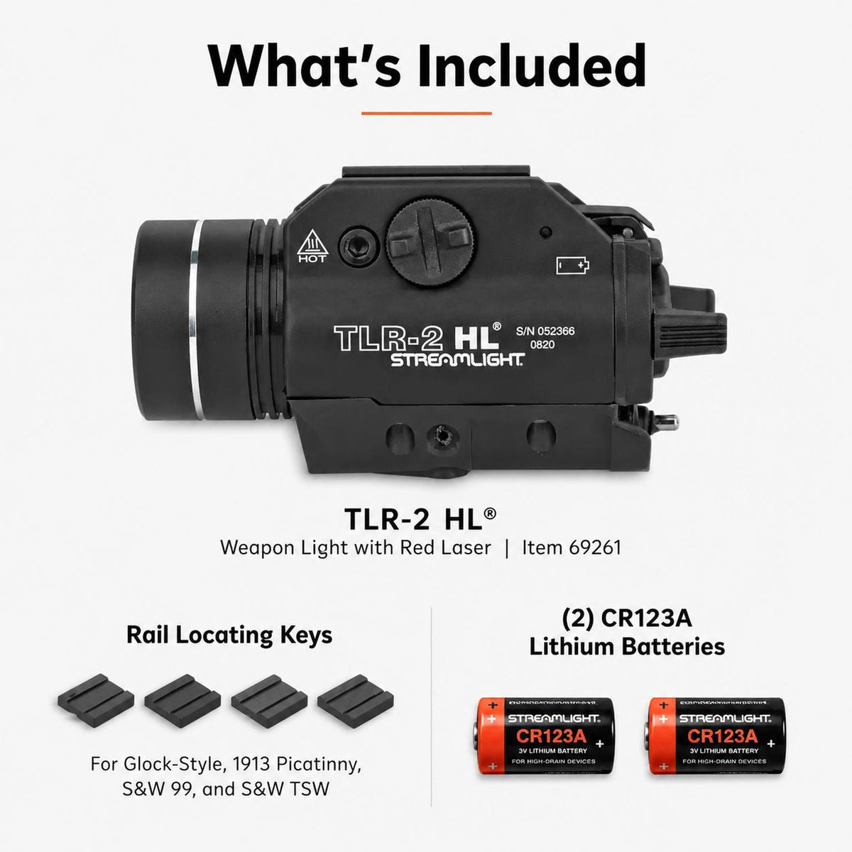 Streamlight TLR-2 HL weapon light with red laser at 3.39 inches on a tool-free rail clamp