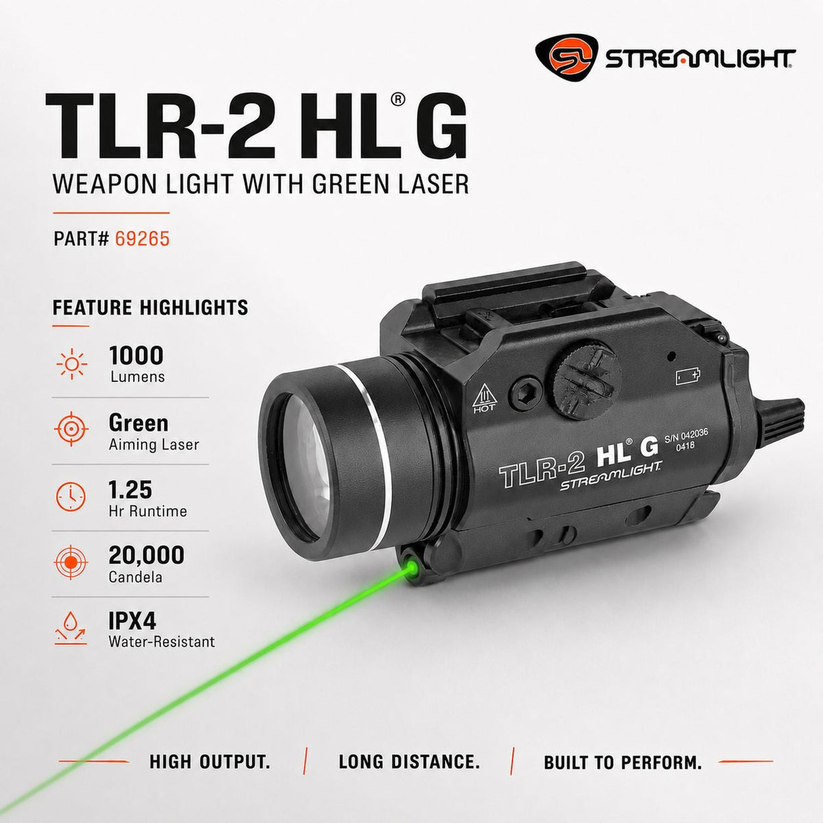 Streamlight TLR-2 HL G weapon light with green laser on a tool-free rail grip clamp
