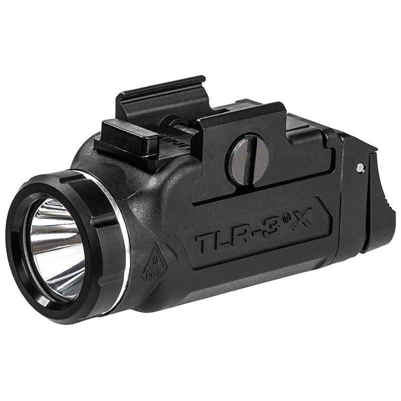 Streamlight TLR-3X USB weapon light for the SIG Sauer P365 angled to show its silver head band