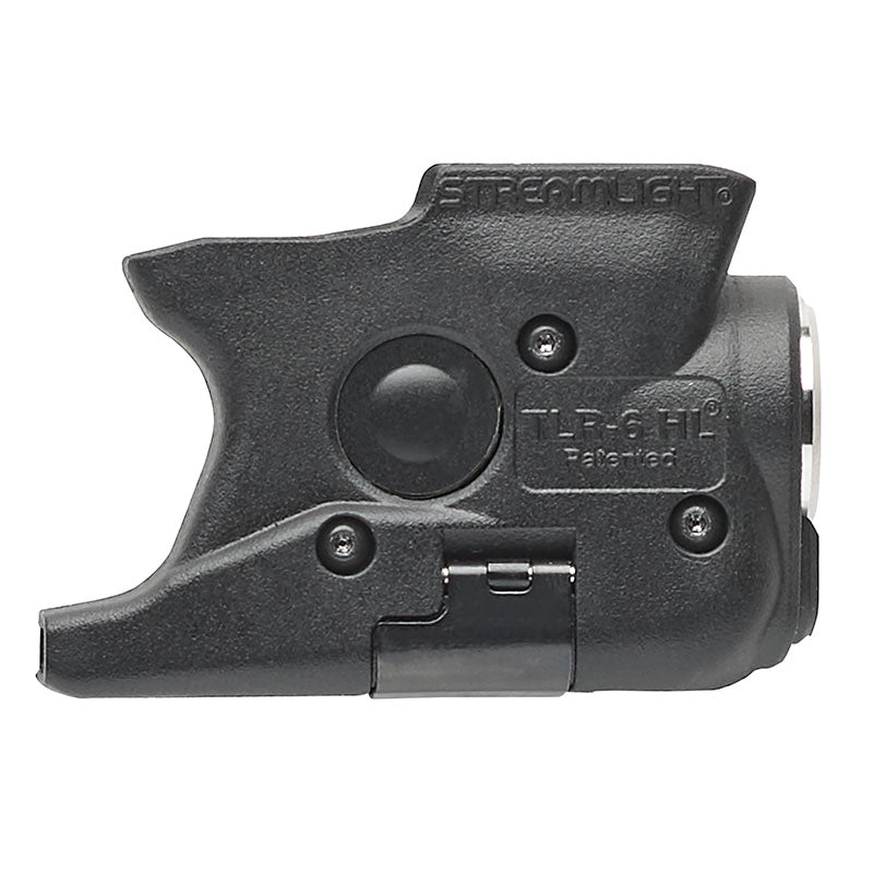 Streamlight TLR-6 HL G weapon light with green laser fitted beneath the barrel of a black pistol