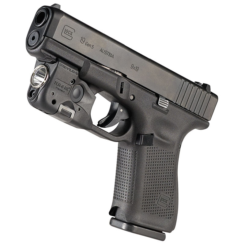 Streamlight TLR-6 HL G weapon light with green laser mounted on a Glock pistol and shown side-on