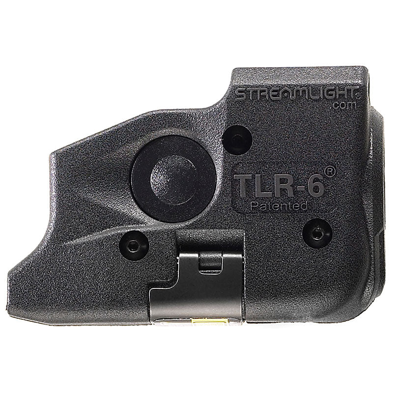 Streamlight TLR-6 rail-mount weapon light with red laser fitted to the accessory rail of a pistol