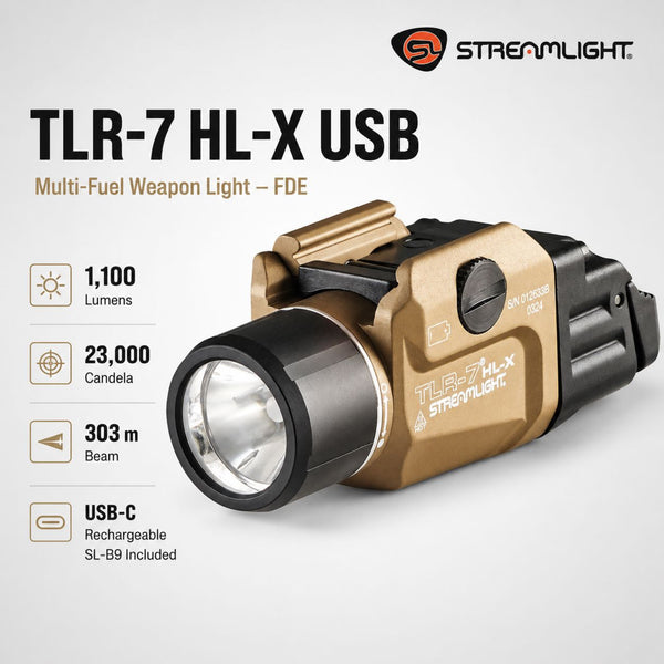 Streamlight TLR-7 HL-X USB weapon light in Flat Dark Earth at 1100 lumens