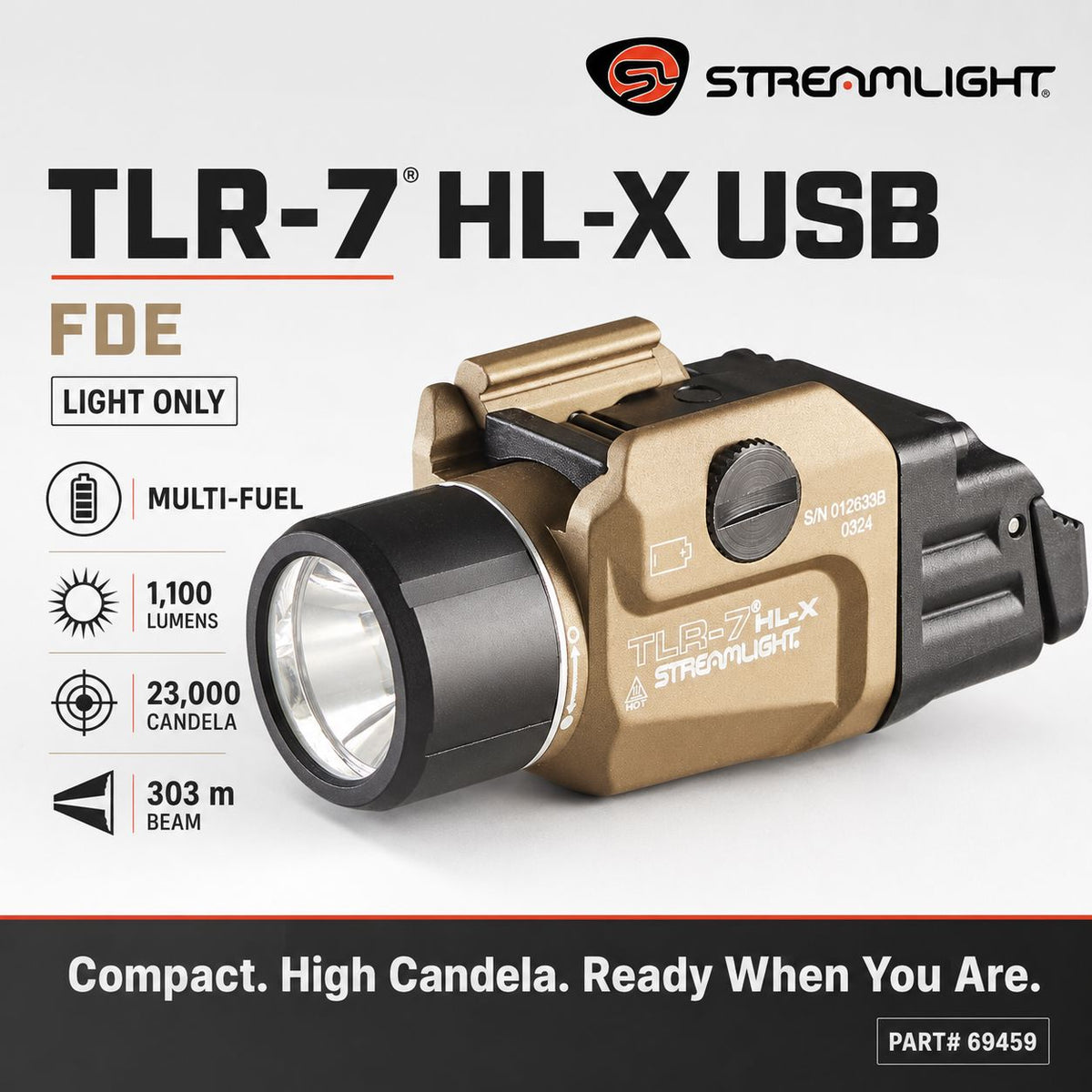 Streamlight TLR-7 HL-X USB weapon light in Flat Dark Earth rated IPX7 for duty carry