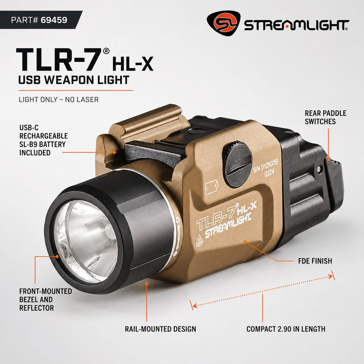 Streamlight TLR-7 HL-X USB weapon light in Flat Dark Earth with ambidextrous rear paddle switches