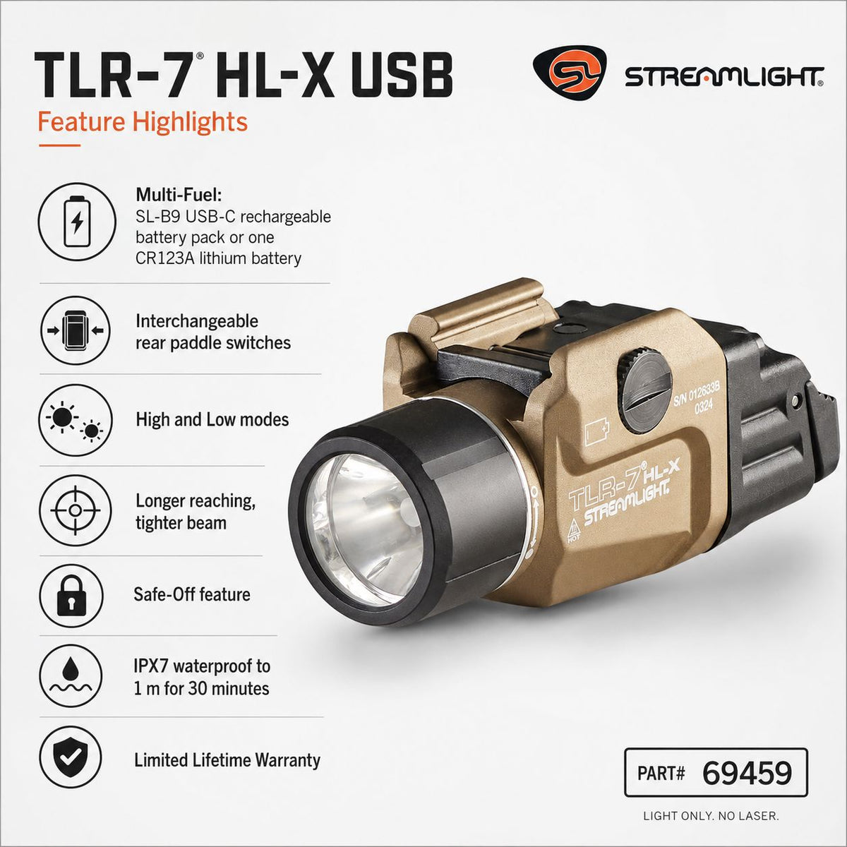 Streamlight TLR-7 HL-X USB weapon light in Flat Dark Earth with 22,000 candela reaching 297 metres