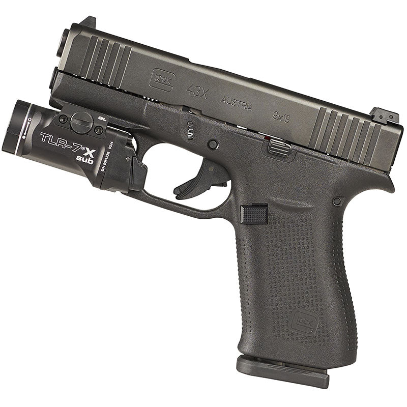 Streamlight TLR-7 X Sub weapon light for Glock 43X and 48 MOS rails, shown side on