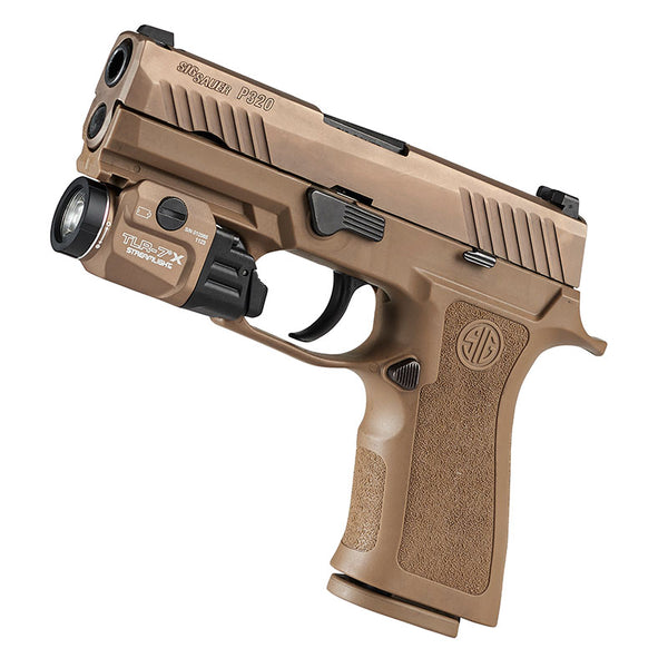 Streamlight TLR-7 X USB weapon light in Flat Dark Earth shown at an angle with its rail clamp