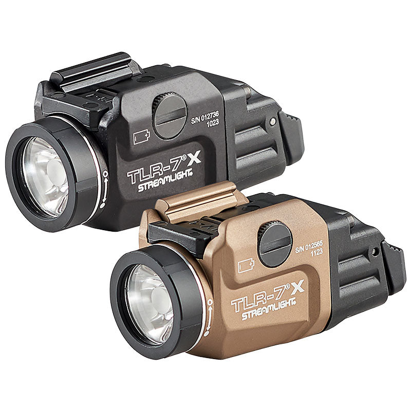 Streamlight TLR-7 X USB weapon light shown in both black and Flat Dark Earth finishes together