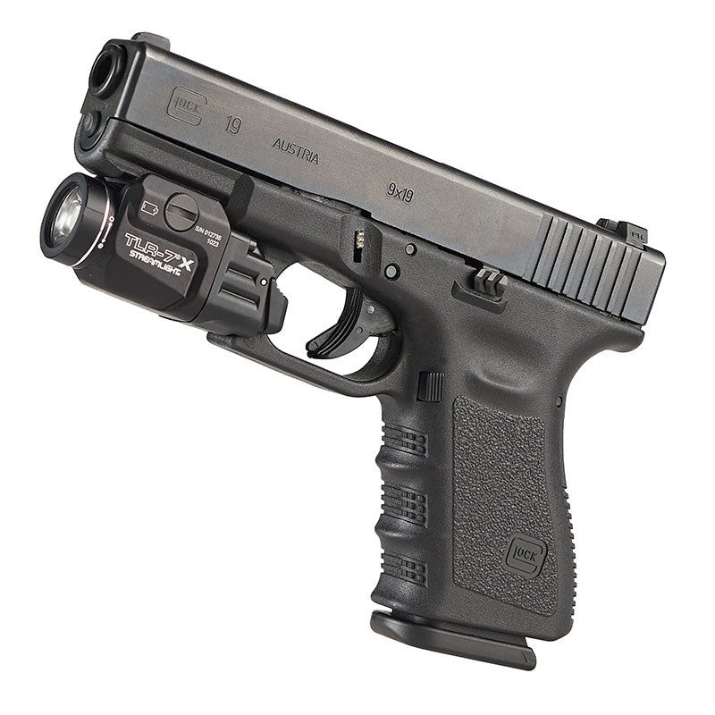 Streamlight TLR-7 X USB weapon light in black with its rail clamp visible below the light body