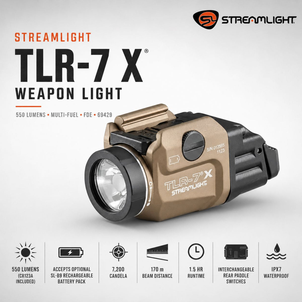 Streamlight TLR-7 X USB weapon light in Flat Dark Earth producing 550 lumens