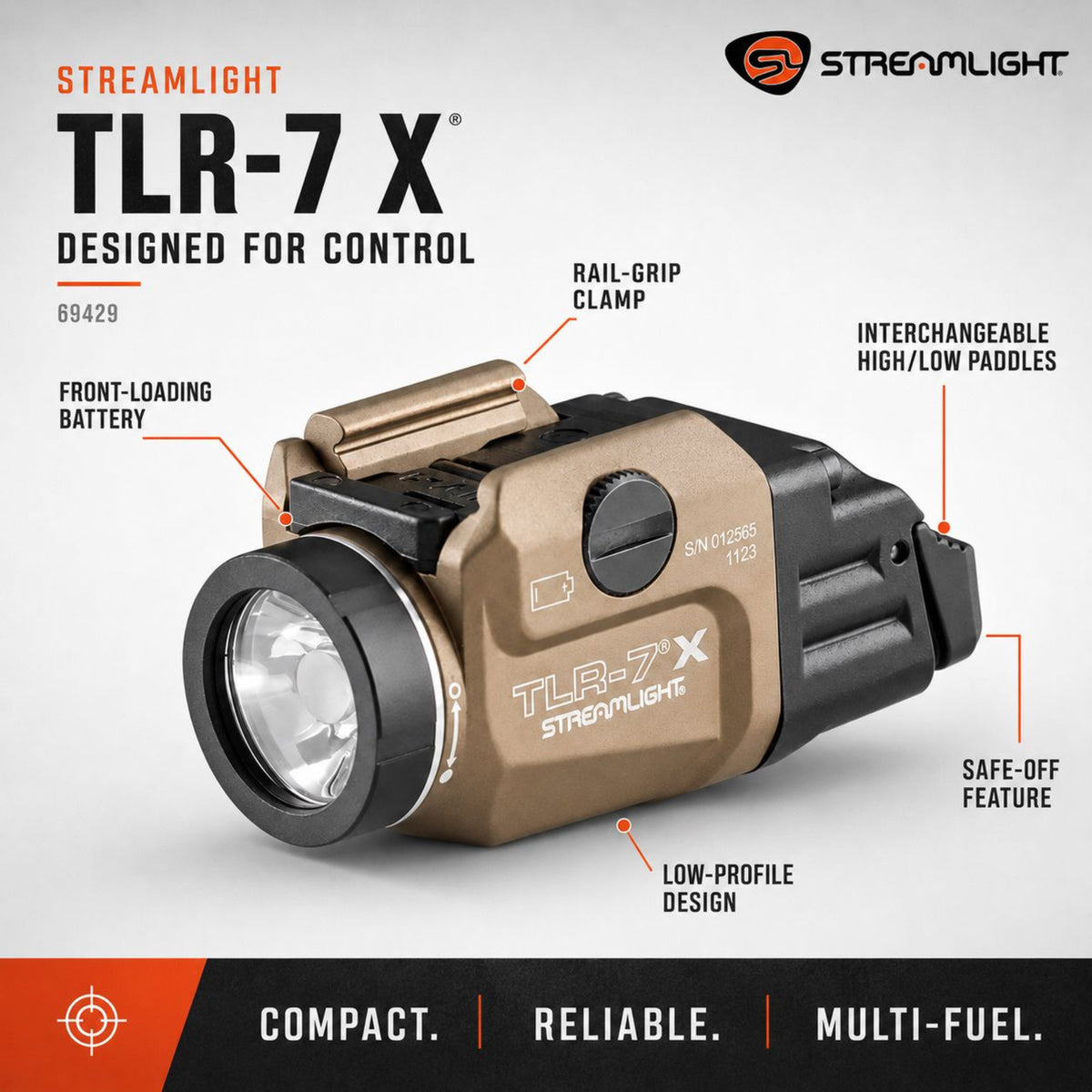 Streamlight TLR-7 X USB weapon light in Flat Dark Earth rated IPX7 in anodised aluminium