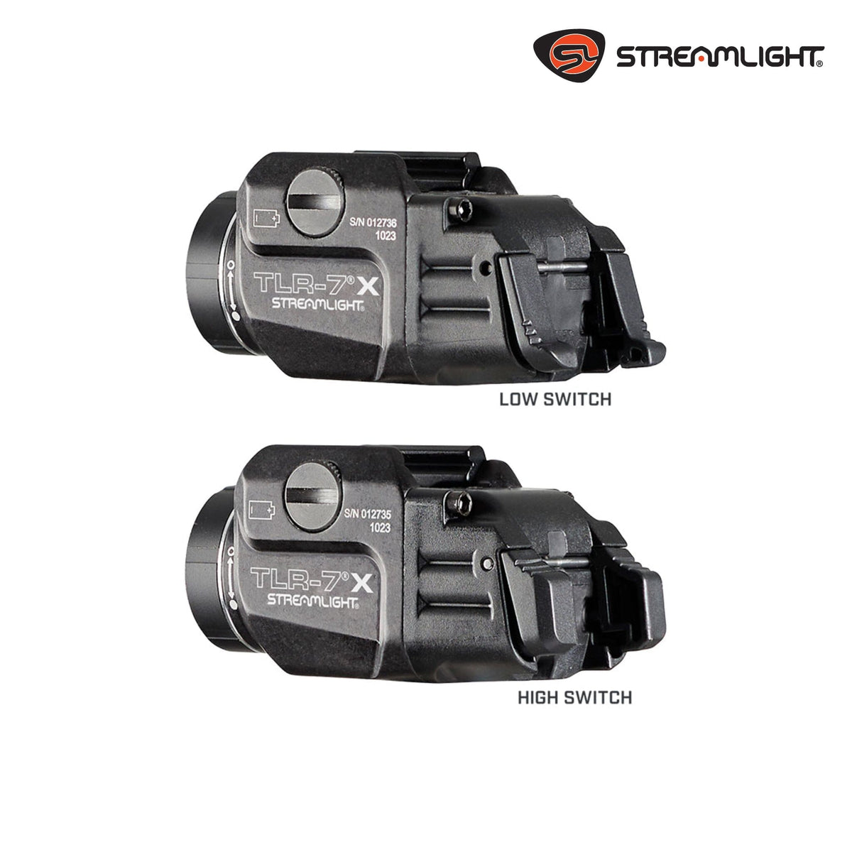 Streamlight TLR-7 X USB weapon light in black with interchangeable high and low rear paddle switches