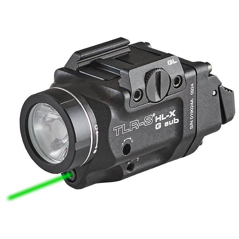 Streamlight TLR-8 HL X G Sub weapon light with green laser, shown at a three-quarter angle