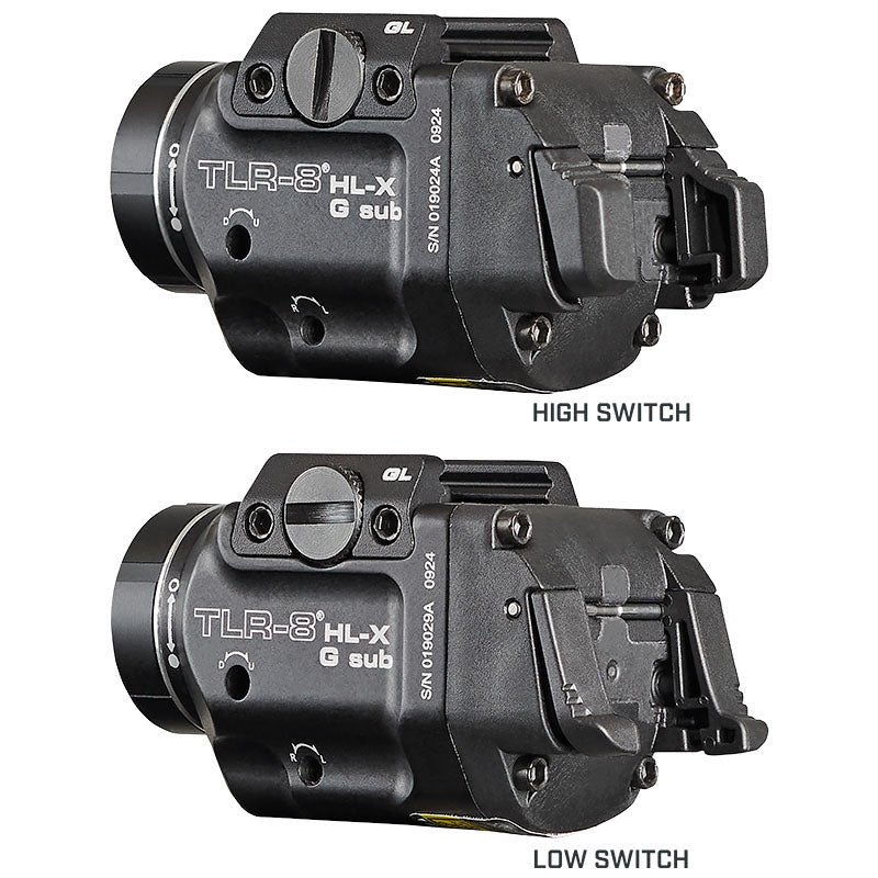 Streamlight TLR-8 HL X G Sub weapon light with green laser and its rear paddle switches