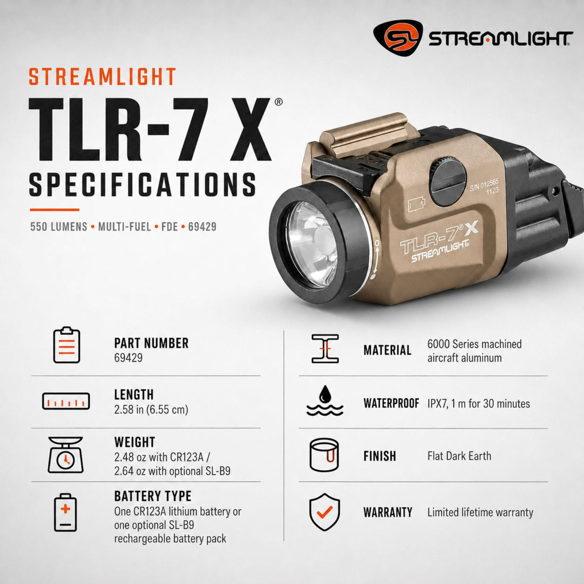Streamlight TLR-8 X sub weapon light with red laser weighing 2.77 oz for subcompact pistols