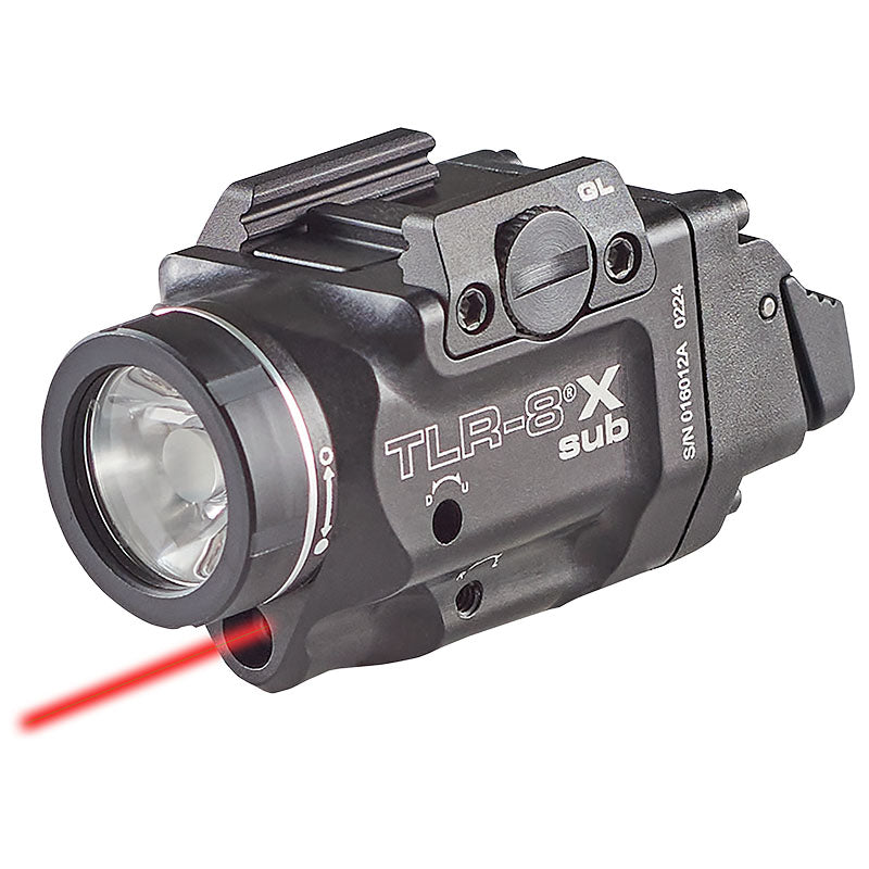 Streamlight TLR-8 X Sub weapon light for 1913 OS rails, shown at a three-quarter angle