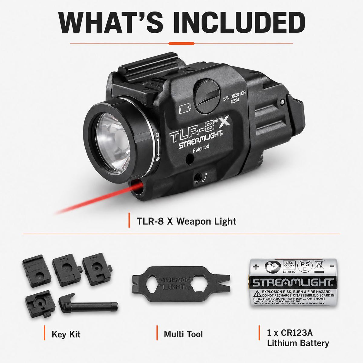 Streamlight TLR-8 X weapon light with red laser measuring 2.58 inches at 2.64 oz
