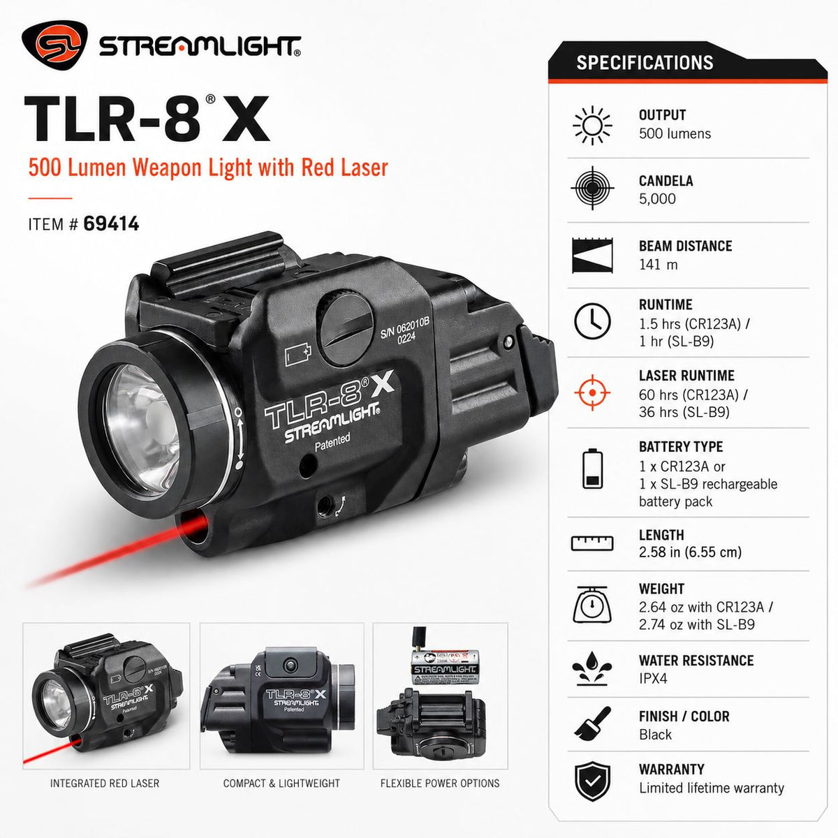 Streamlight TLR-8 X weapon light with red laser with 60 hours of laser-only runtime
