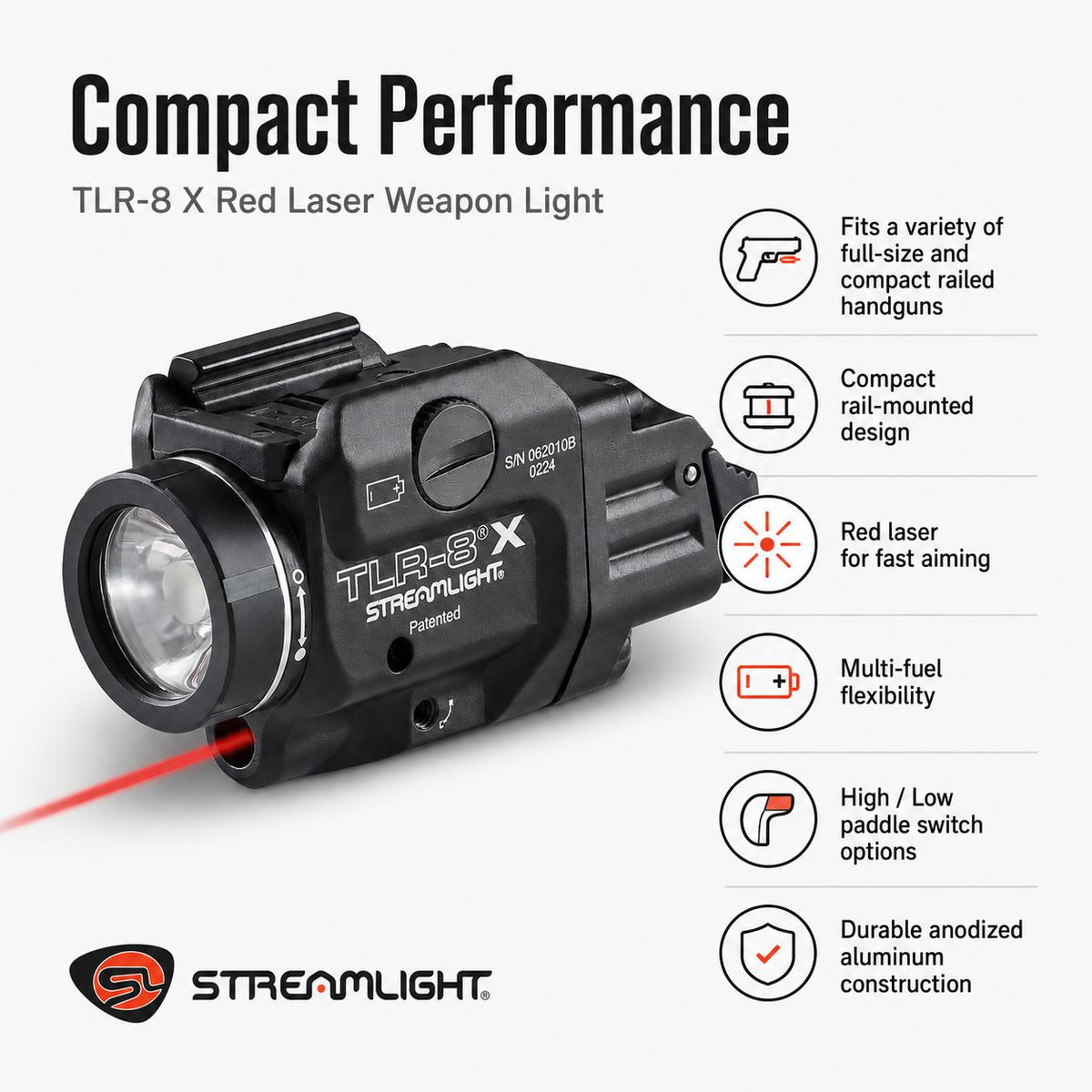 Streamlight TLR-8 X weapon light with red laser with interchangeable rear paddle switches