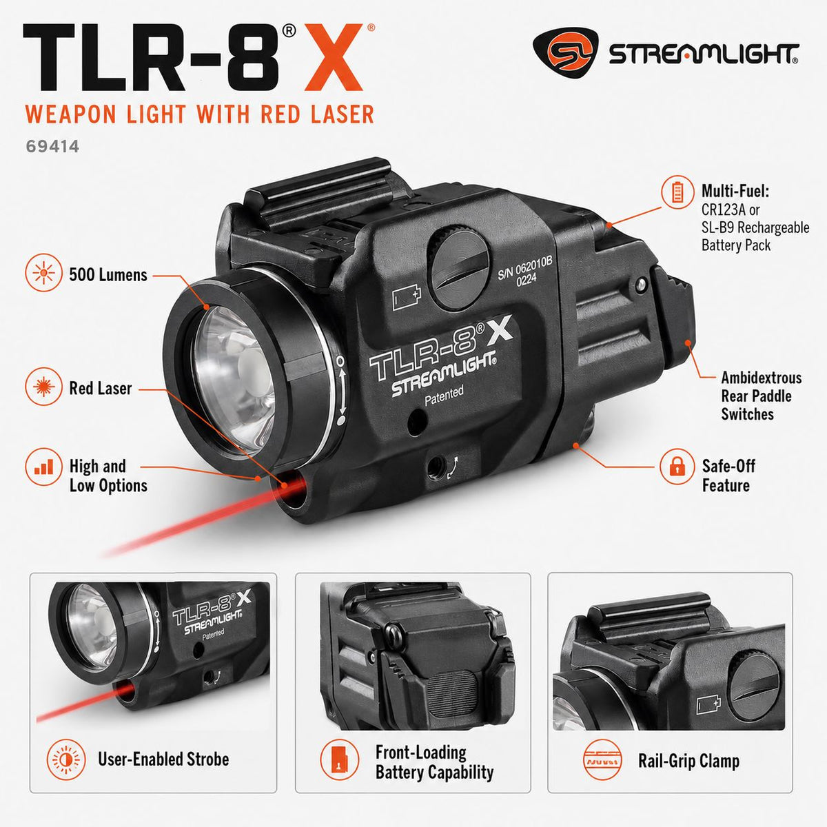 Streamlight TLR-8 X weapon light with red laser running SL-B9 USB-C rechargeable or CR123A power