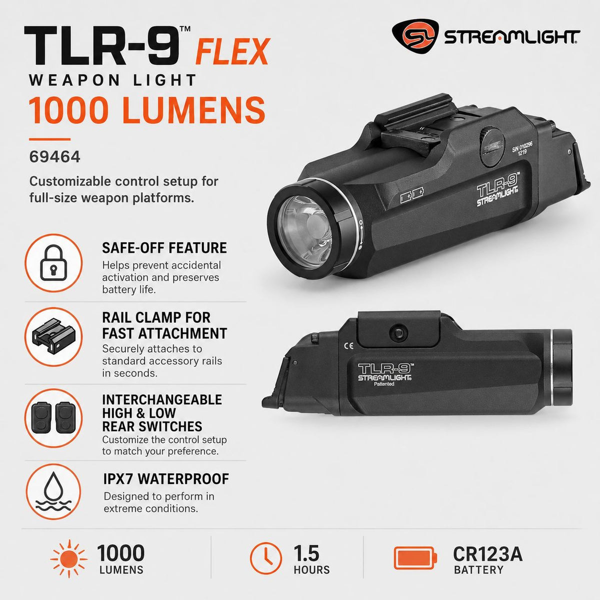 Streamlight TLR-9 Flex weapon light at 3.87 inches on a rail-mounted pistol clamp