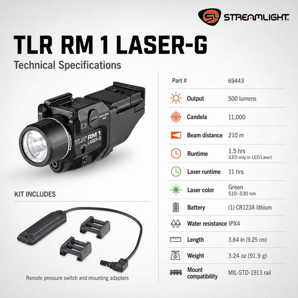 Streamlight TLR RM 1 Laser-G System Weapon Light 500 Lumens Green Laser – 69443