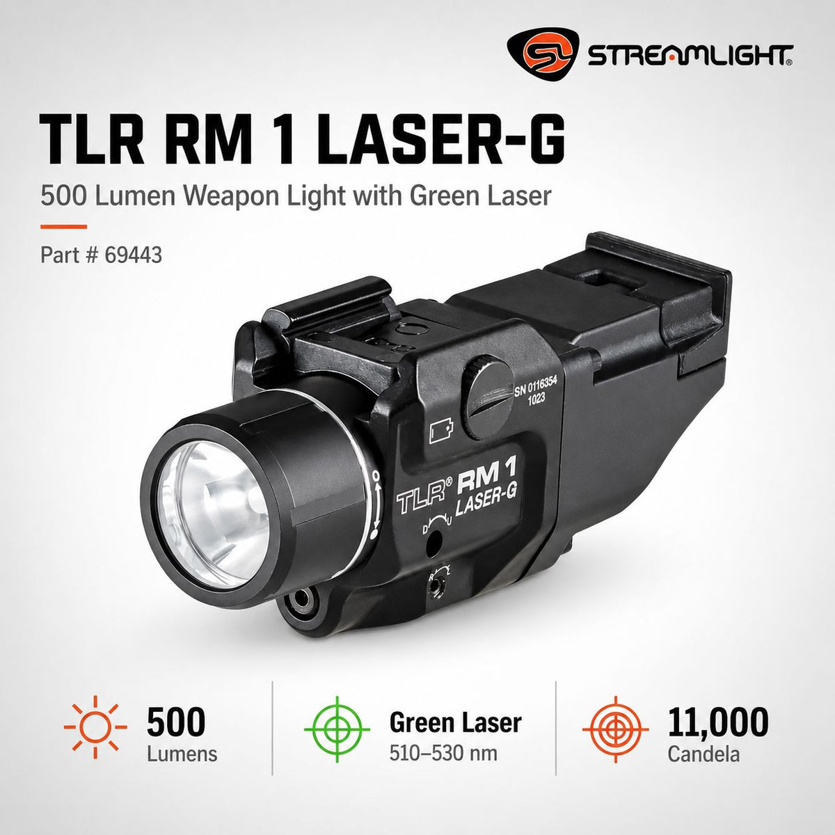 Streamlight TLR RM 1 Laser-G weapon light system throwing 11,000 candela to 210 metres