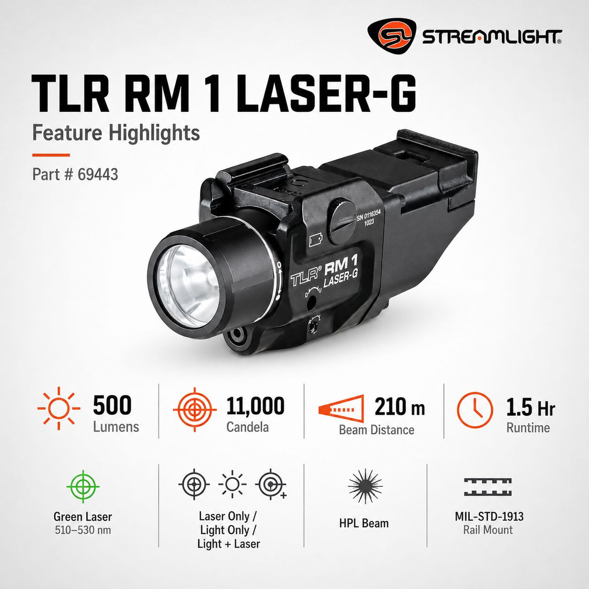 Streamlight TLR RM 1 Laser-G weapon light system running a single CR123A cell for 1.5 hours