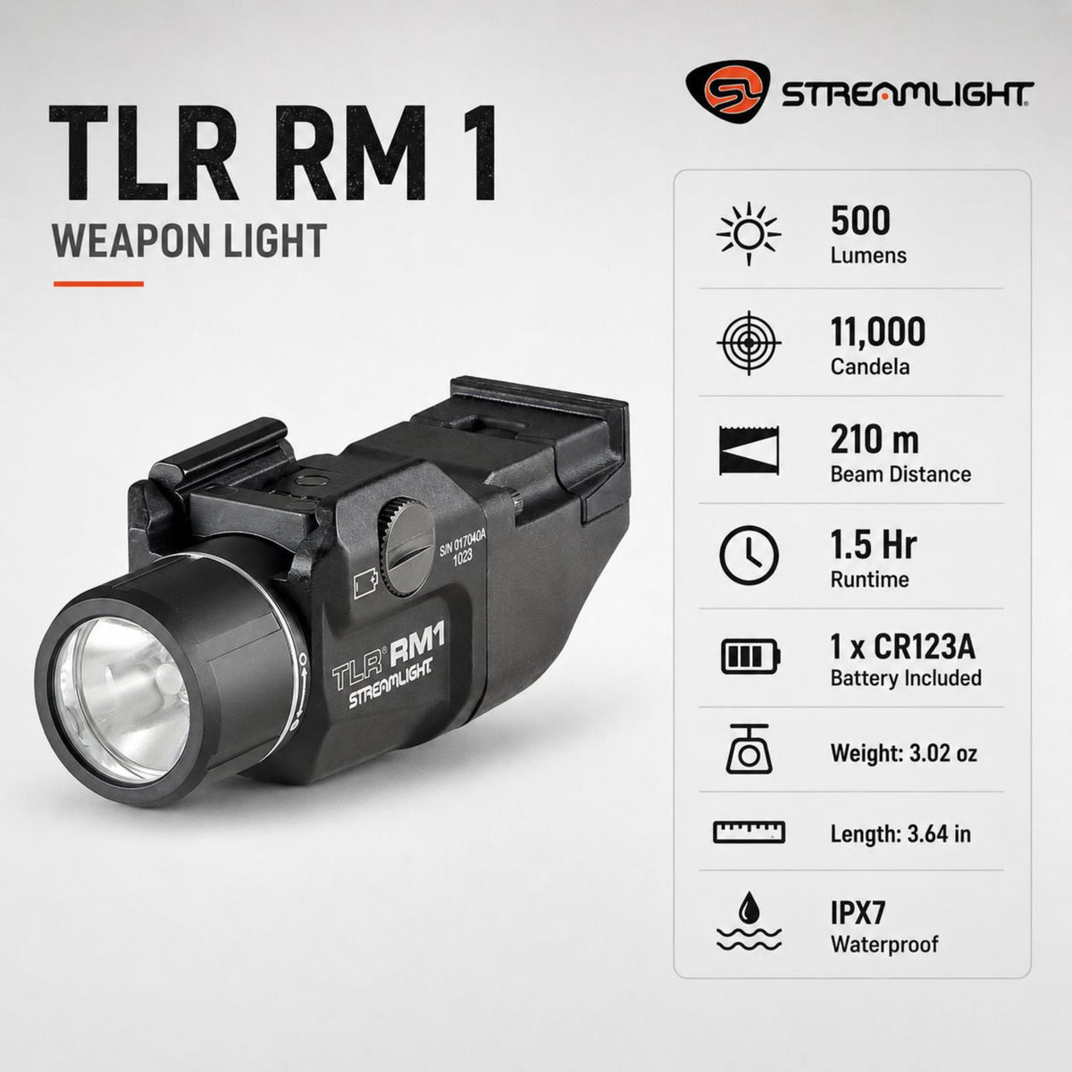 Streamlight TLR RM 1 weapon light measuring 3.64 inches at 3.02 oz