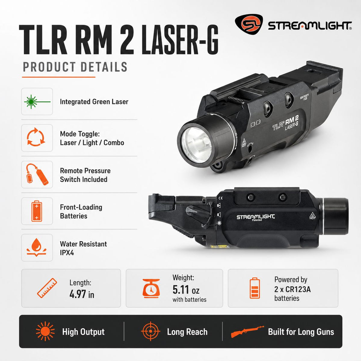 Streamlight TLR RM 2 Laser-G weapon light system running two CR123A cells for 1.5 hours