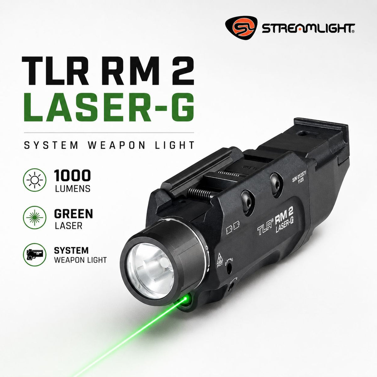 Streamlight TLR RM 2 Laser-G weapon light system on a MIL-STD-1913 Picatinny mount