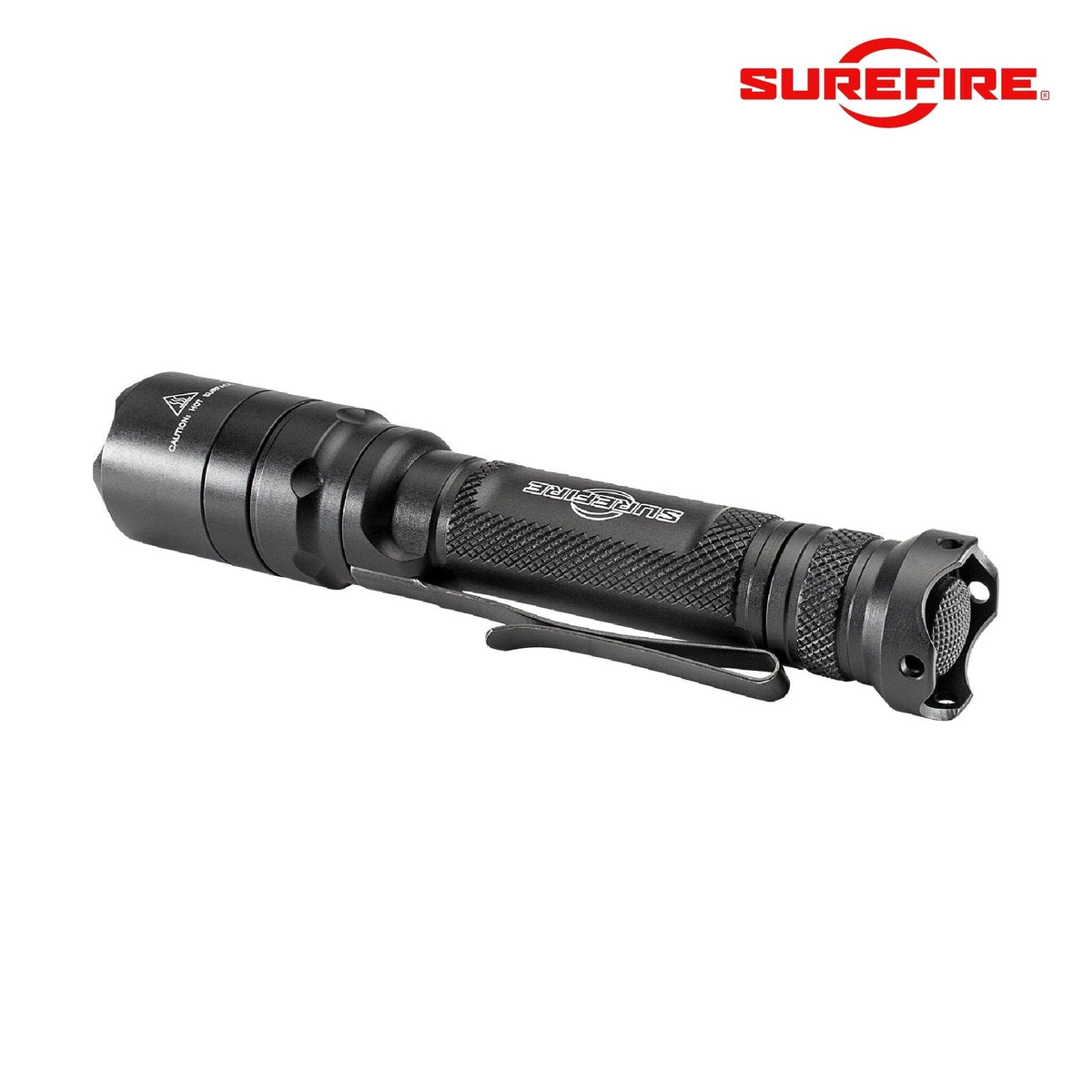 SureFire E2D Defender Ultra tactical flashlight with a crenellated strike bezel and scalloped tailcap