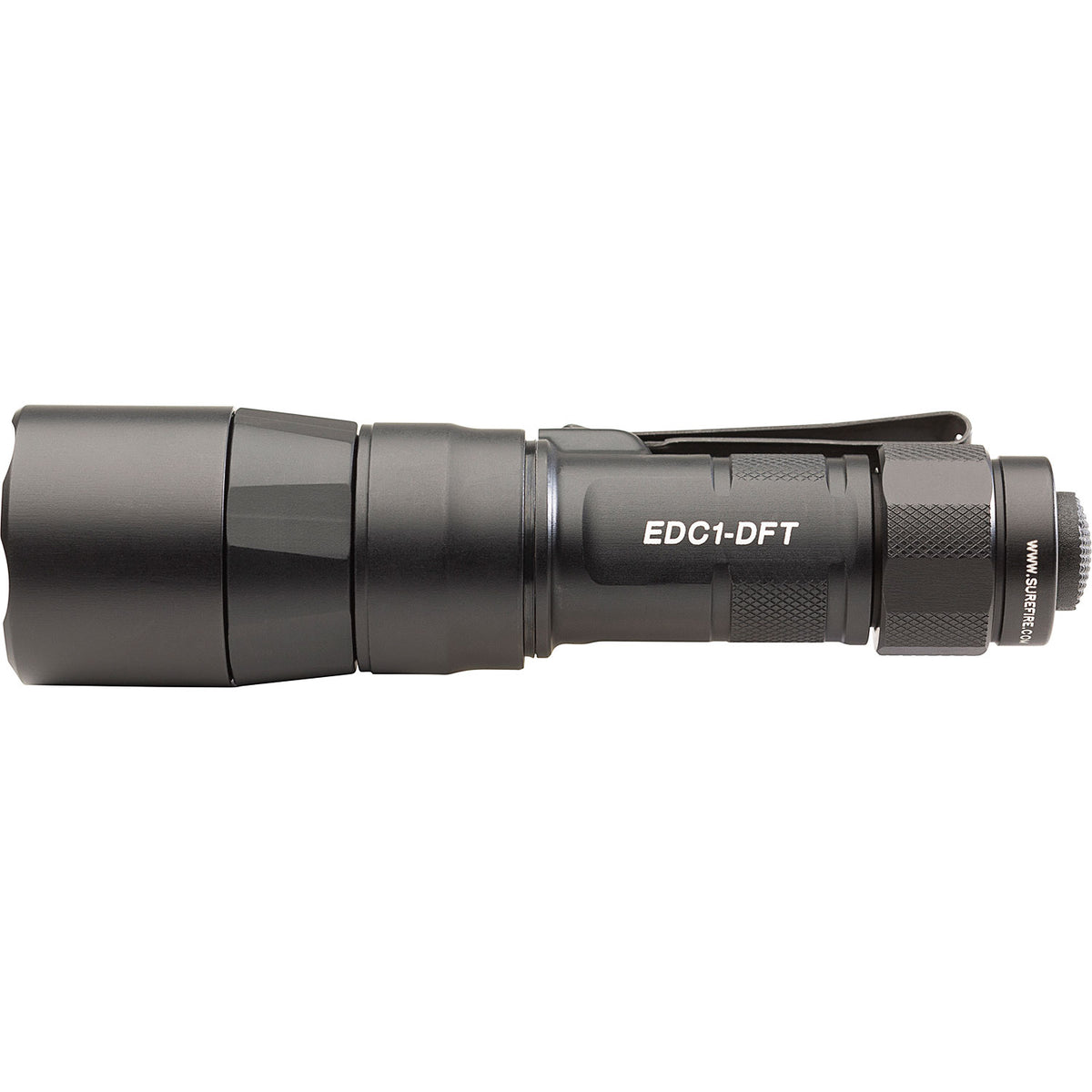 SureFire EDC1-DFT Turbo Dual Fuel tactical flashlight in left side profile with its knurled body