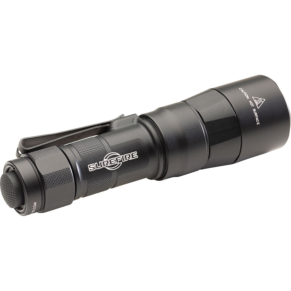 SureFire EDC1-DFT Turbo Dual Fuel tactical flashlight angled from the rear to show the tailcap switch