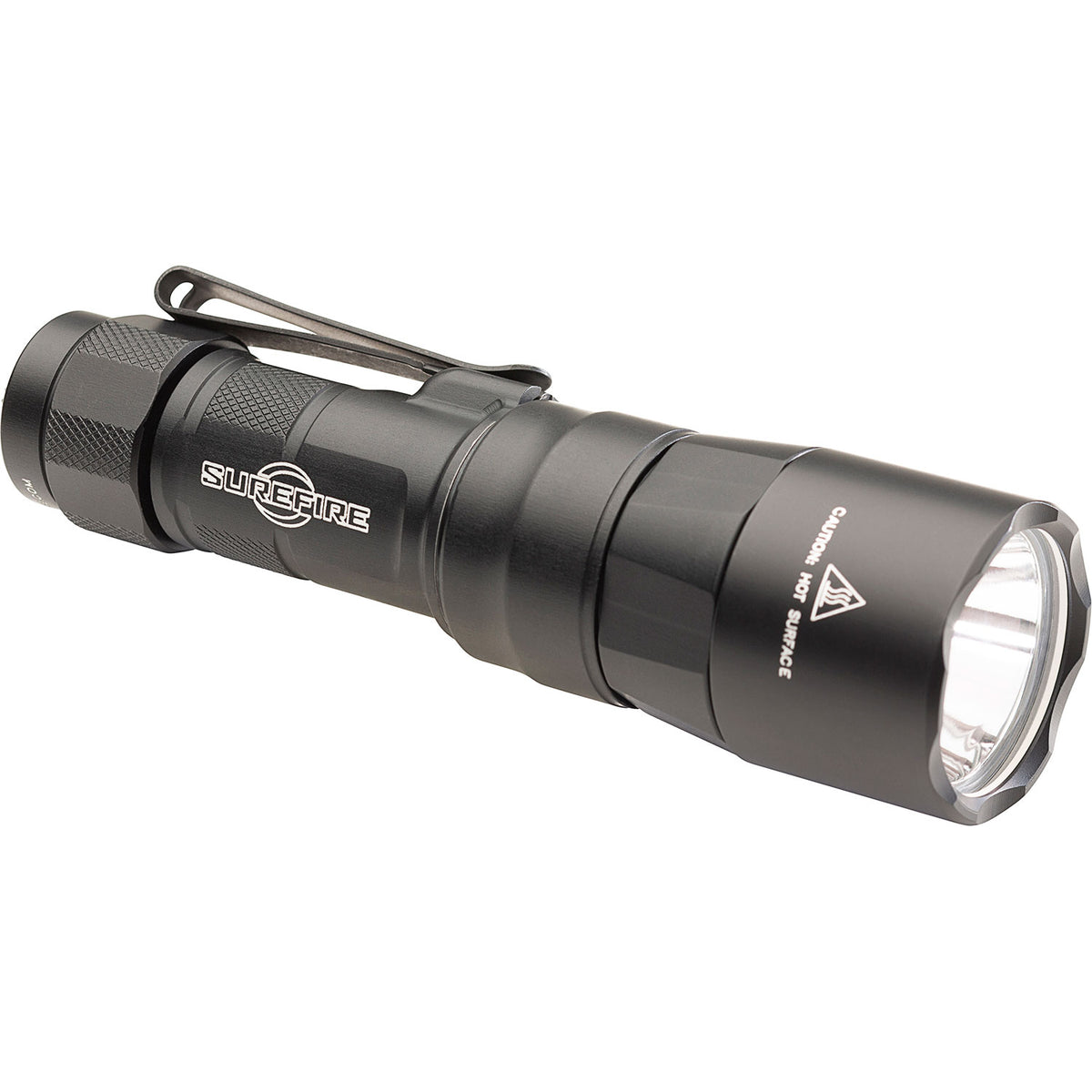 SureFire EDC1-DFT Turbo Dual Fuel tactical flashlight angled from the right with its pocket clip