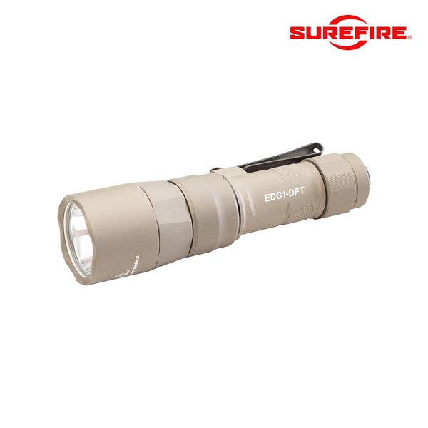 SureFire EDC1-DFT Turbo Dual Fuel tactical flashlight in tan producing 650 lumens with high candela throw