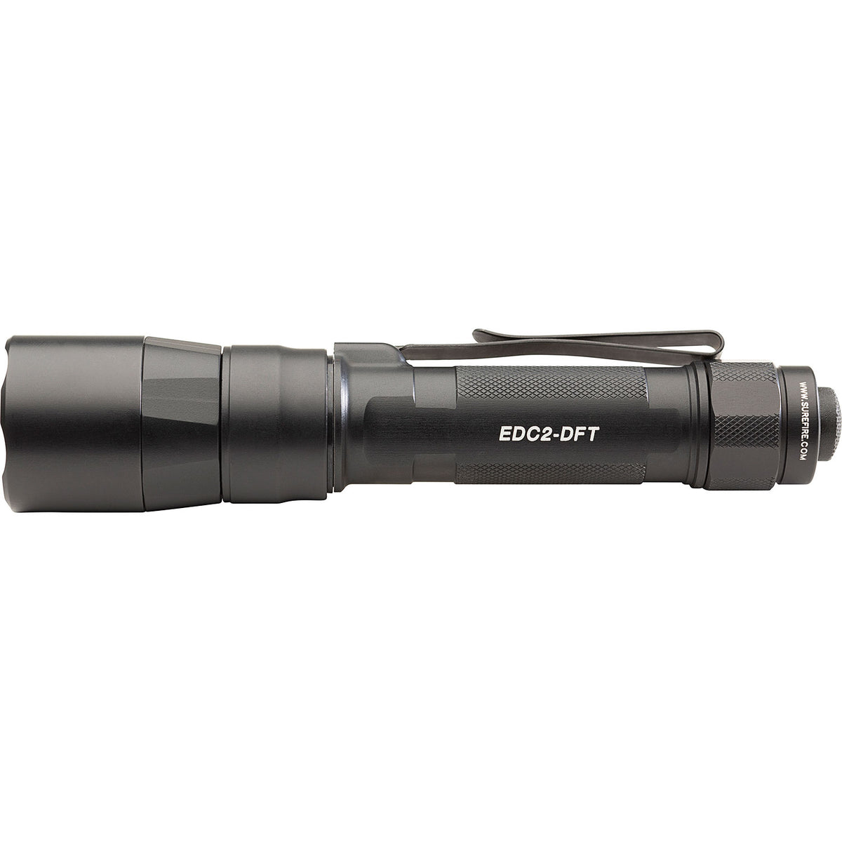 SureFire EDC2-DFT Turbo Dual Fuel tactical flashlight in left side profile with its two-cell body