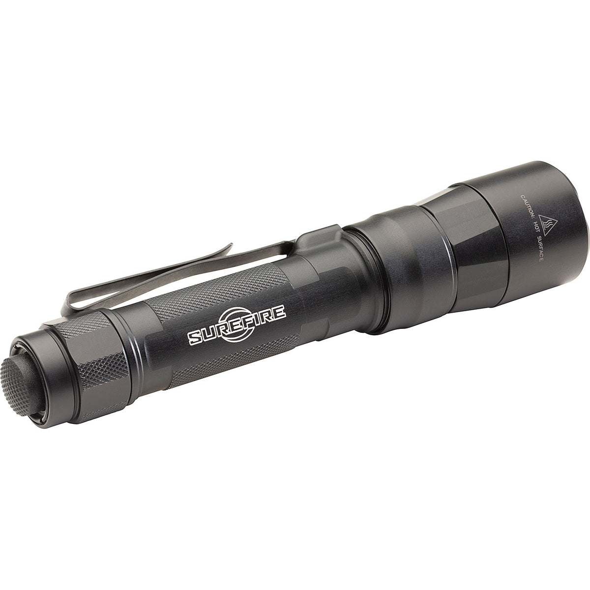 SureFire EDC2-DFT Turbo Dual Fuel tactical flashlight angled from the rear to show the tailcap switch