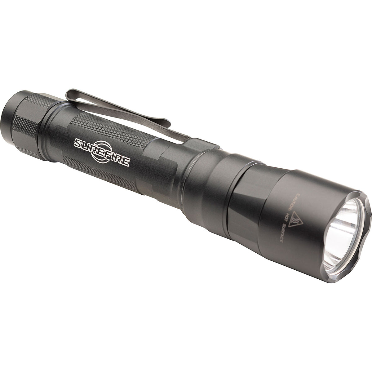 SureFire EDC2-DFT Turbo Dual Fuel tactical flashlight angled from the right with its pocket clip