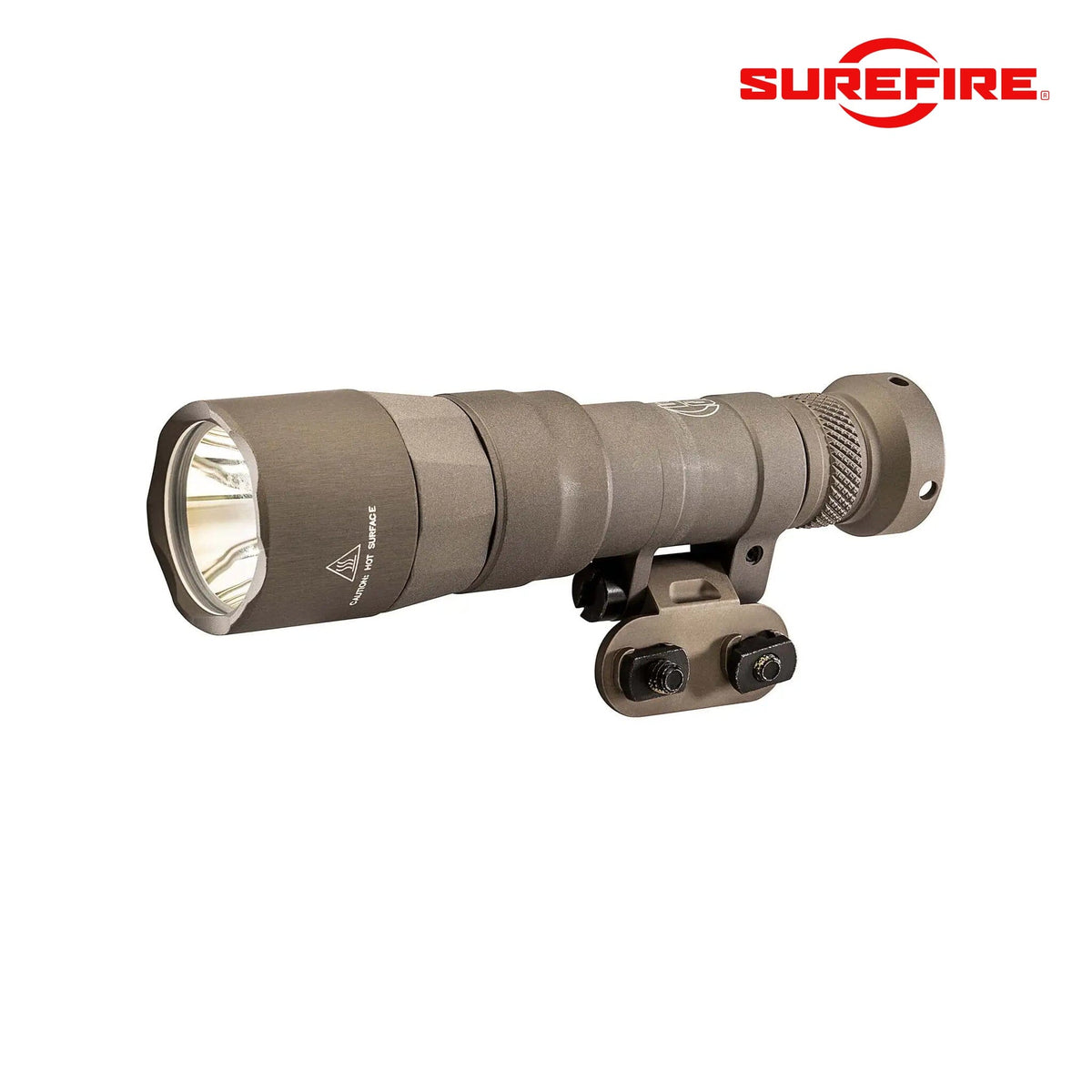 SureFire M340DFT Mini Scout Light Pro Turbo weapon light in tan running dual fuel on CR123A or rechargeable cells