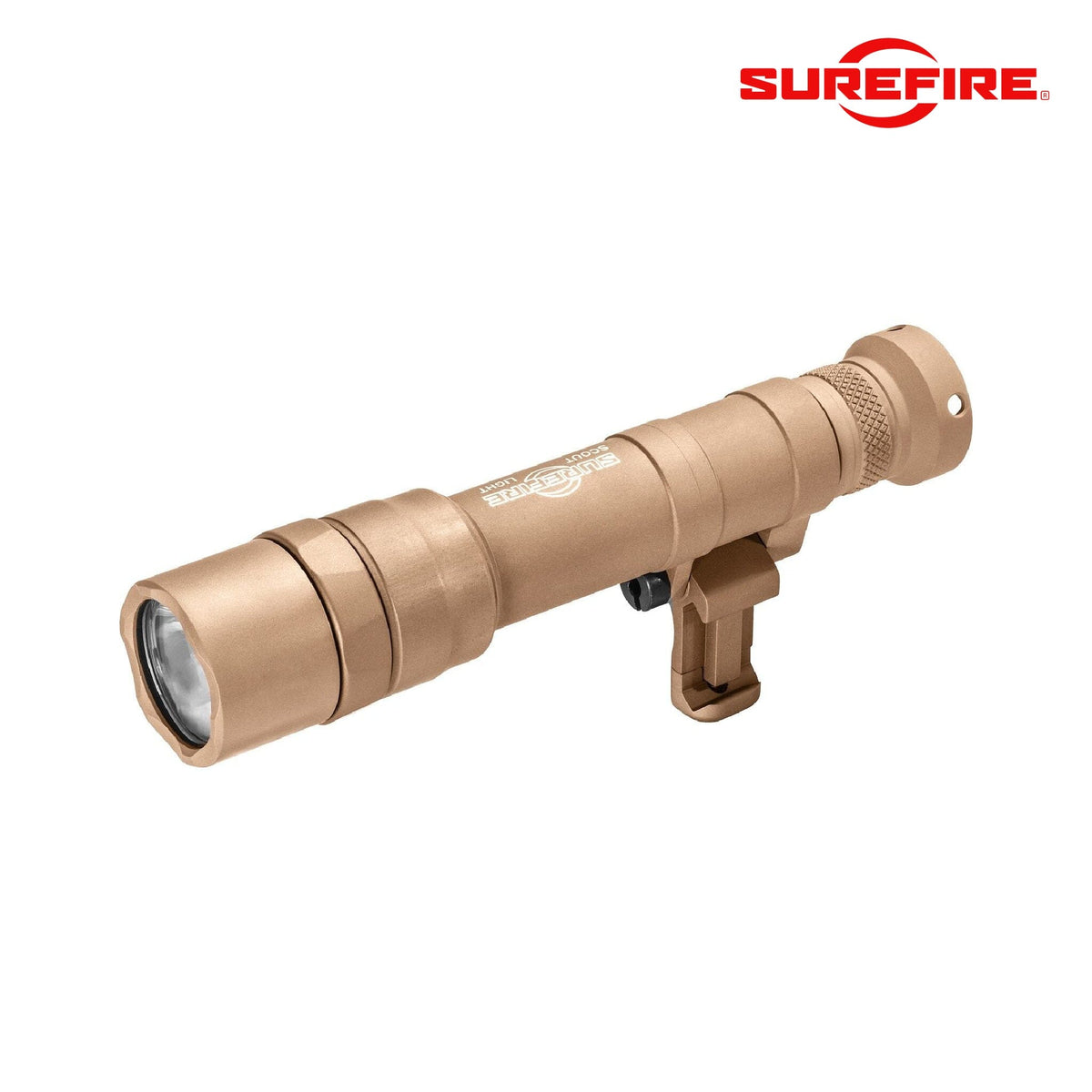 SureFire M640DF Scout Light Pro weapon light in tan running dual fuel on CR123A or a rechargeable 18650 cell
