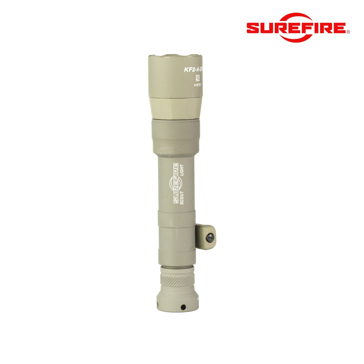SureFire M640DFT Scout Light Pro Turbo weapon light in tan running dual fuel on CR123A or rechargeable cells