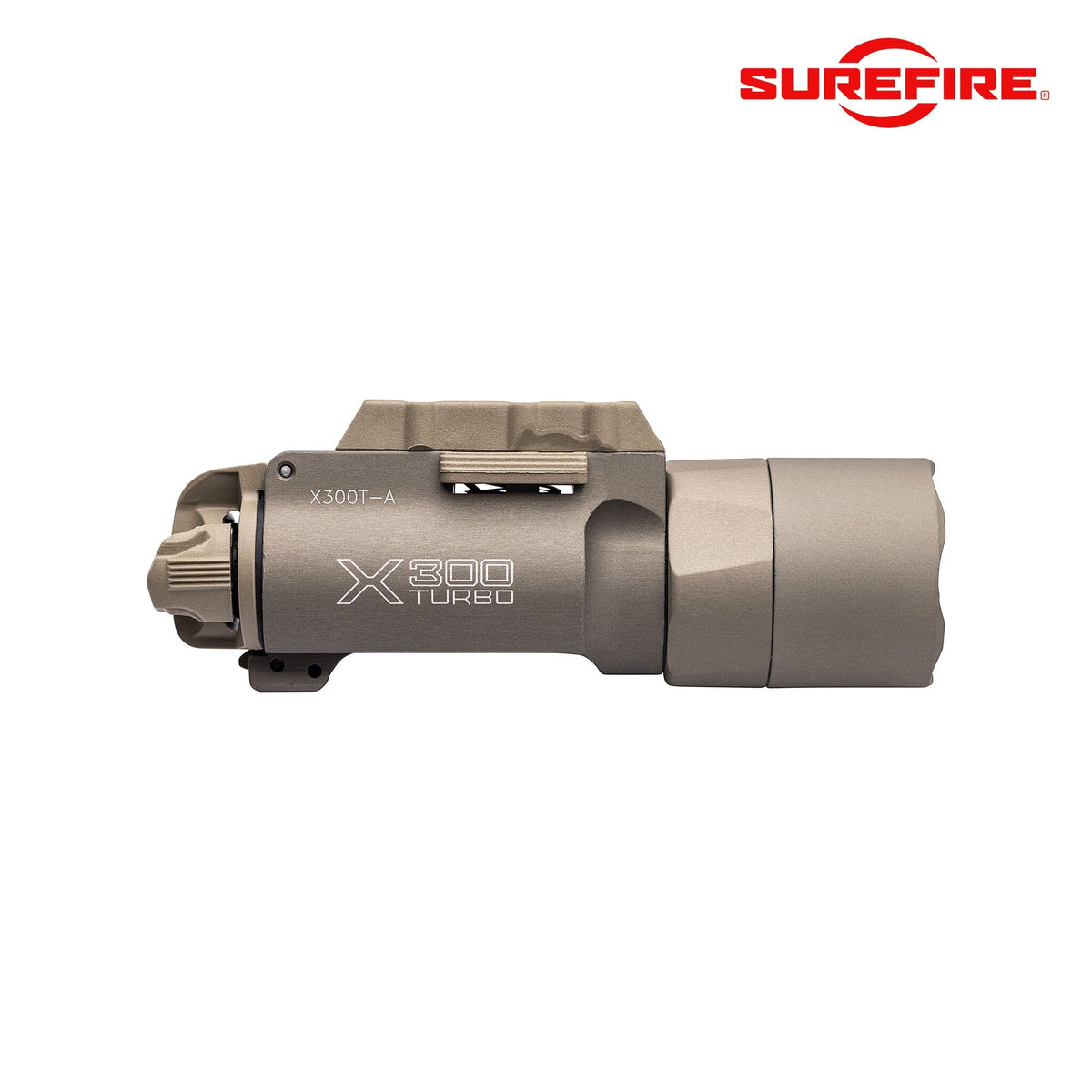 SureFire X300T-A Turbo weapon light in tan with the Rail-Lock mount for Picatinny and Universal handgun rails