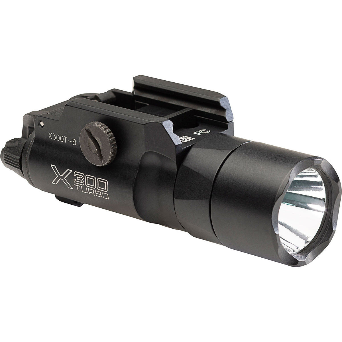 SureFire X300T-B Turbo weapon light angled from the right showing the bezel and mounting interface