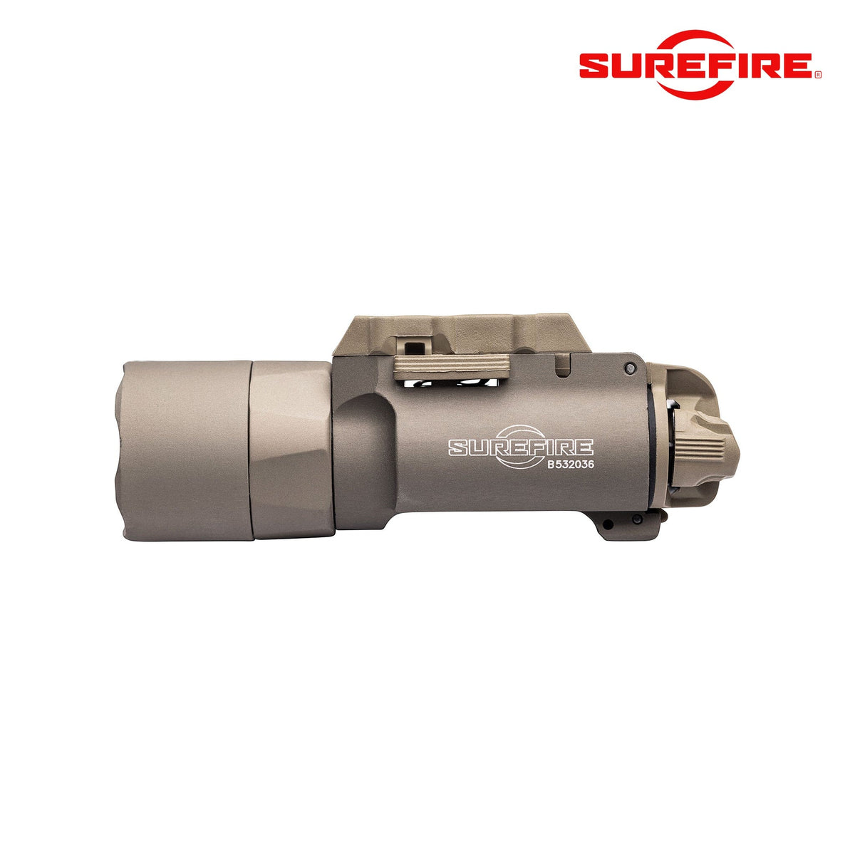 SureFire X300T-B Turbo weapon light in tan with ambidextrous push-button switching and Rail-Lock mount