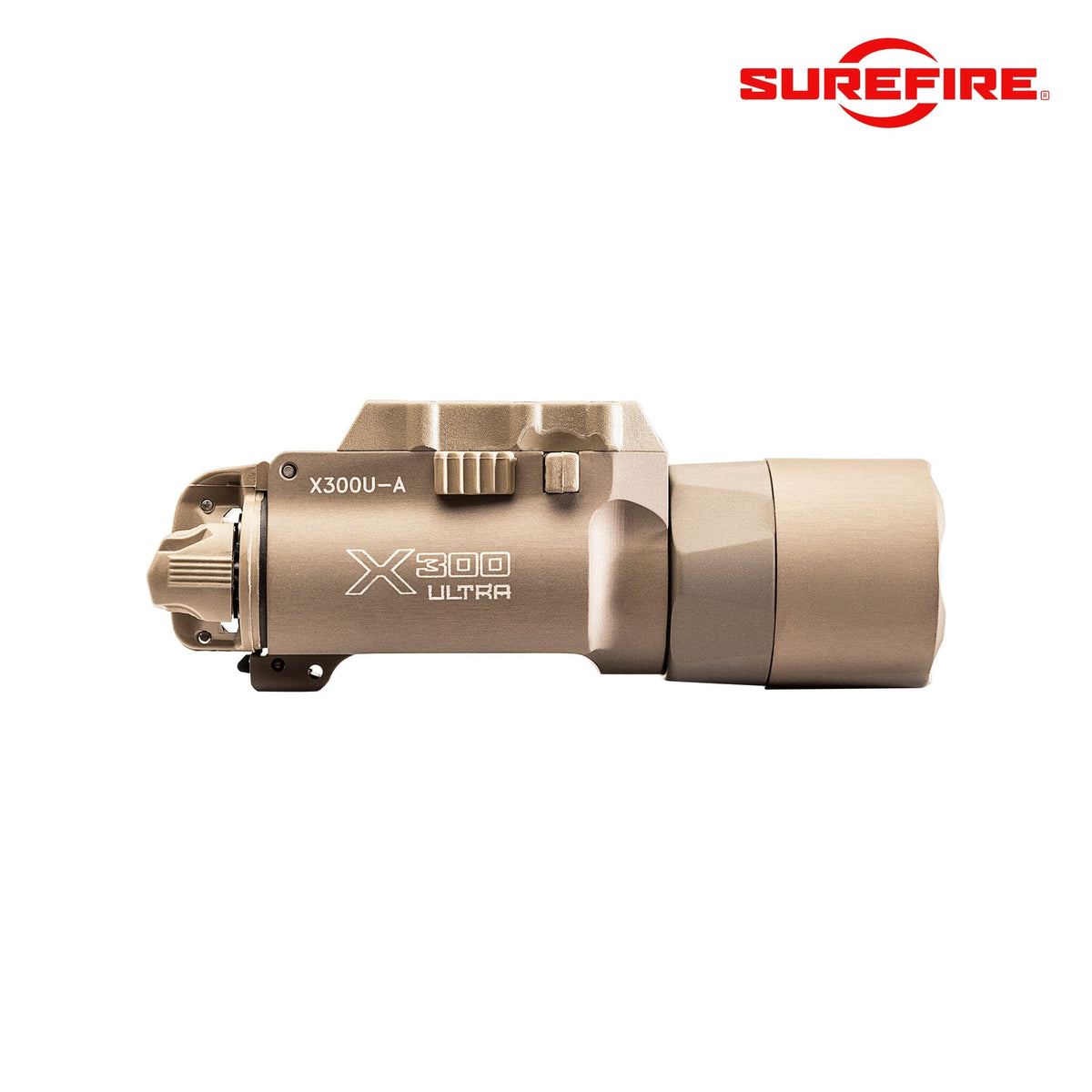 SureFire X300U-A Ultra weapon light in tan with the Rail-Lock mount for Picatinny and Universal handgun rails