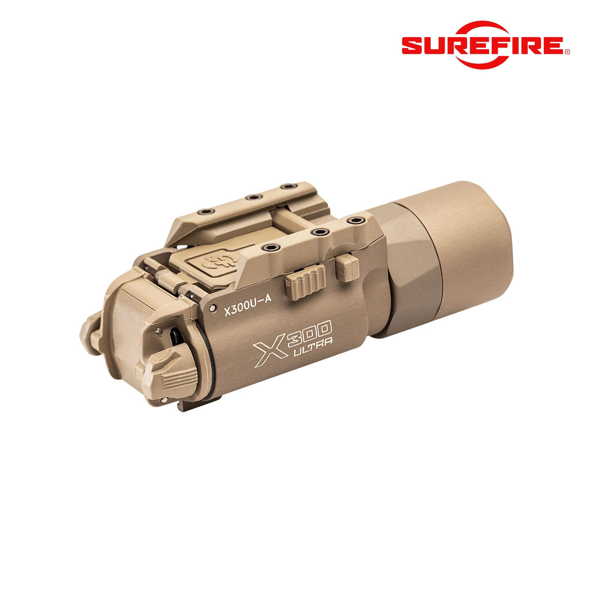 SureFire X300U-A Ultra weapon light in tan powered by two CR123A lithium cells